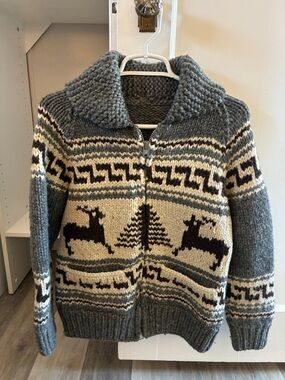 Vintage 80’s Cowechin Wool Gray and Cream Zip-Front Sweater-Size S